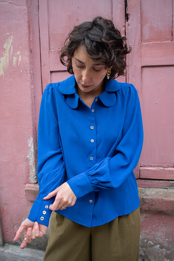 Louche Octavia Blue Crepe Petal Blouse - The Mercantile London