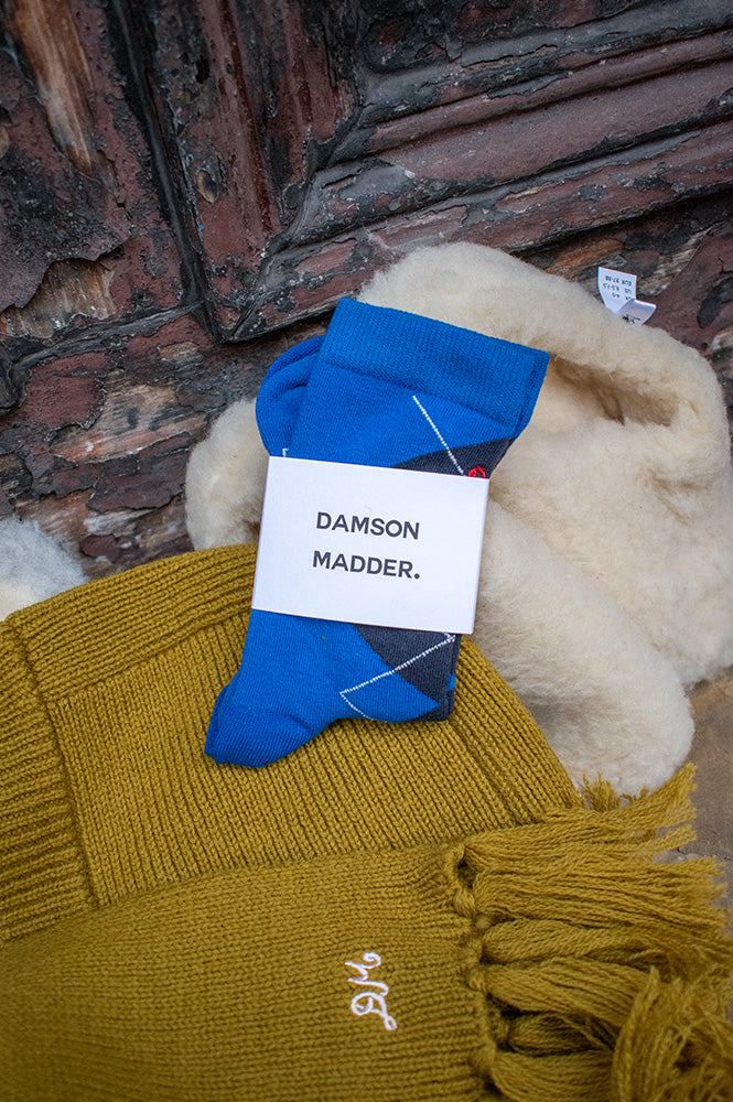 Damson Madder Cobalt & Grey Argyle Socks - The Mercantile London