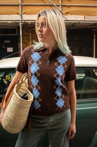 ICHI Dasila Chicory Harlequin Knitted Polo Top