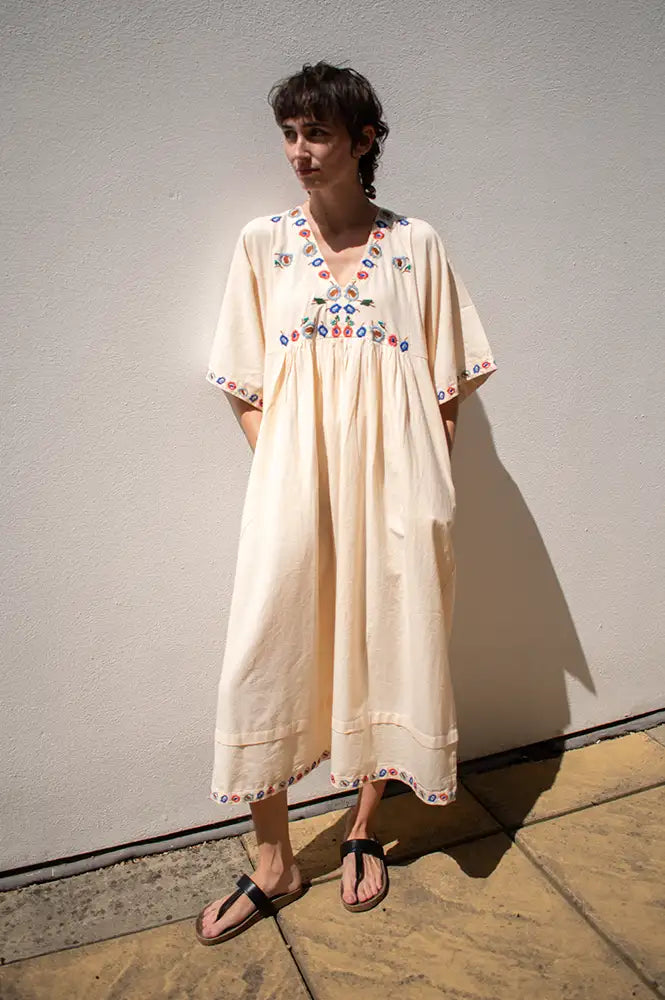 Habiba Flora Vanilla Cream Embroidered Dress