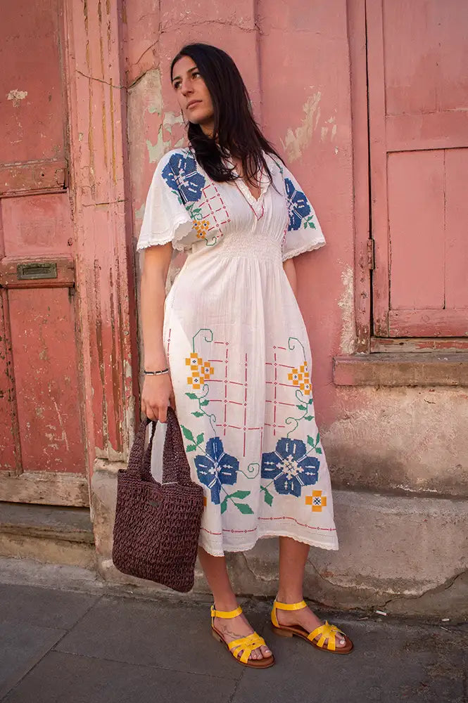 M.A.B.E Laney Embroidered Ecru Dress - The Mercantile London