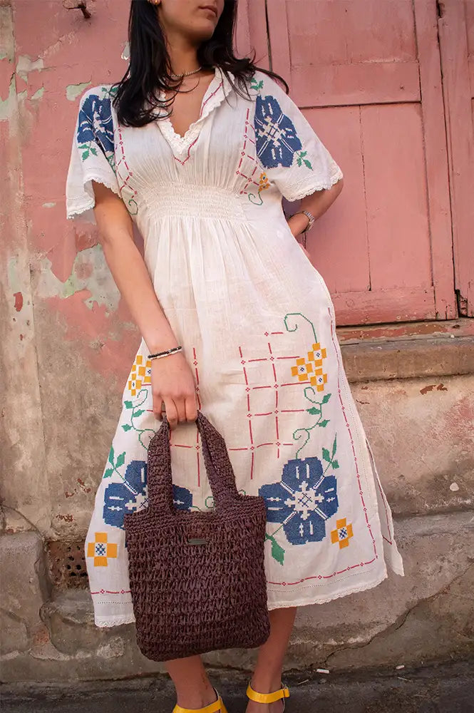 M.A.B.E Laney Embroidered Ecru Dress - The Mercantile London