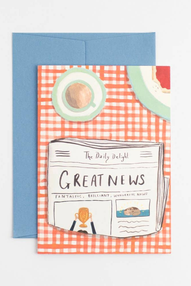 Greeting card with a newspaper illustration and 'Great News' text on a checkered background