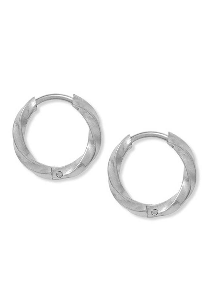 Pair of silver hoop earrings on a white background
