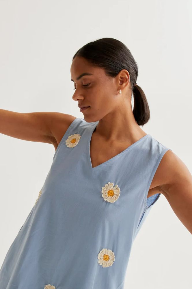 Compania Fantastica Light Blue Daisy Embroidered Dress - The Mercantile London