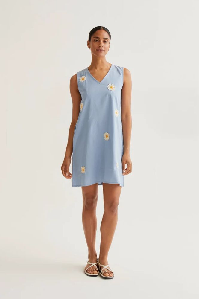 Compania Fantastica Light Blue Daisy Embroidered Dress - The Mercantile London