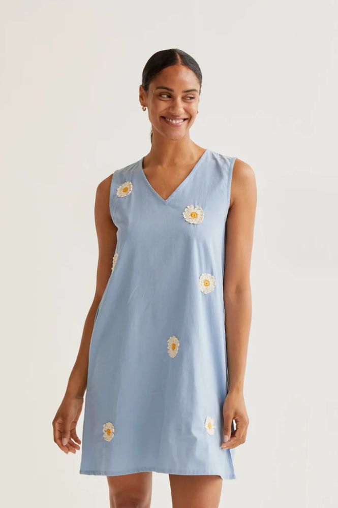 Compania Fantastica Light Blue Daisy Embroidered Dress - The Mercantile London