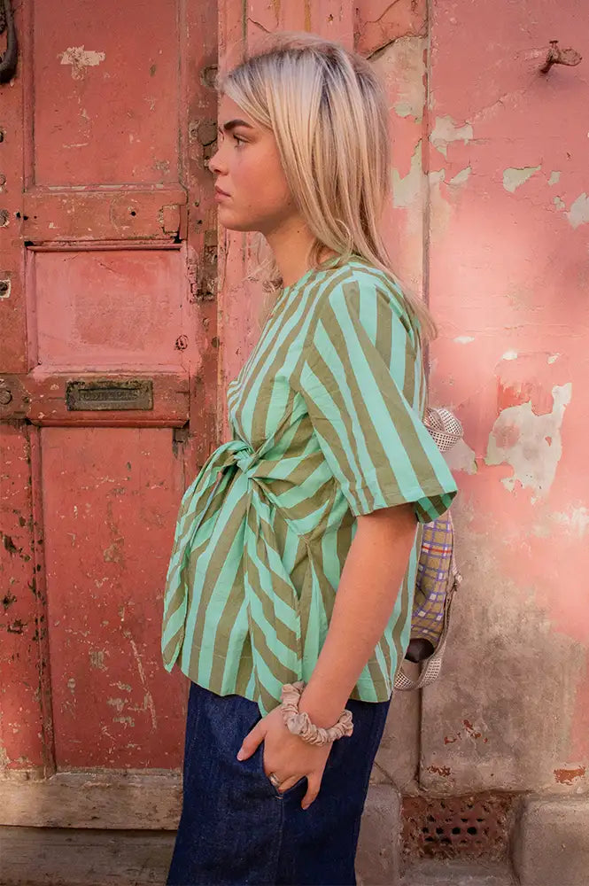 Damson Madder Estelle Aqua Olive Stripe Blouse - The Mercantile London