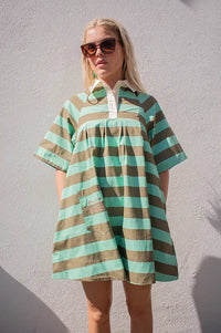 Damson Madder Maggie Aqua Olive Stripe Mini Polo Dress - The Mercantile London