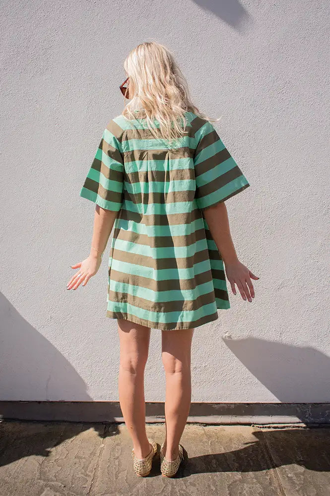 Damson Madder Maggie Aqua Olive Stripe Mini Polo Dress - The Mercantile London