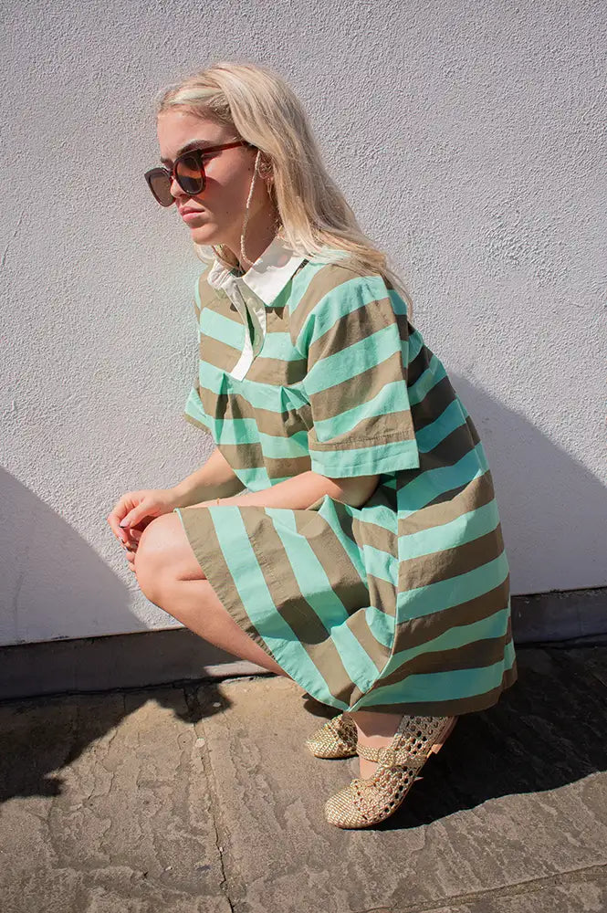 Damson Madder Maggie Aqua Olive Stripe Mini Polo Dress - The Mercantile London