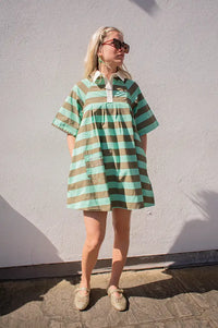 Damson Madder Maggie Aqua Olive Stripe Mini Polo Dress - The Mercantile London