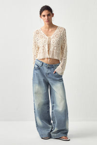 CUBIC Cotton Crochet Lace Trim Cropped Cardigan: Beige / UN - The Mercantile London