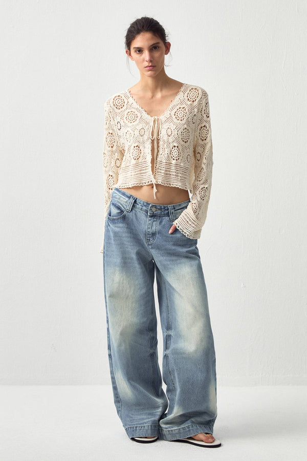 CUBIC Cotton Crochet Lace Trim Cropped Cardigan: Beige / UN - The Mercantile London
