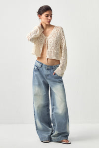 CUBIC Cotton Crochet Lace Trim Cropped Cardigan: Beige / UN - The Mercantile London