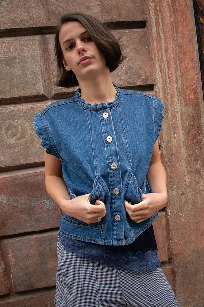 ICHI Palou Washed Dark Blue Waistcoat - The Mercantile London