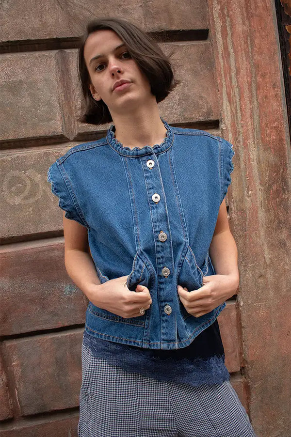 ICHI Palou Washed Dark Blue Waistcoat - The Mercantile London