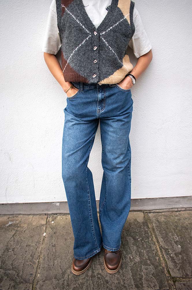 Object Rio Mae Medium Blue Wide Leg Denim Jeans - The Mercantile London
