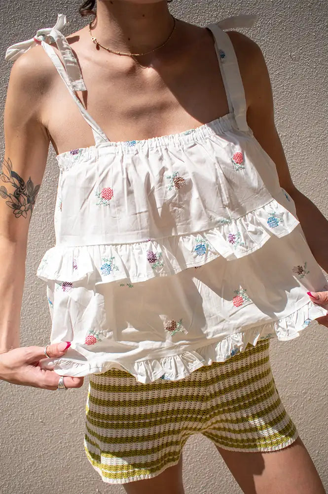 Daphne Elodie Ruffled Cross-Stitch Top