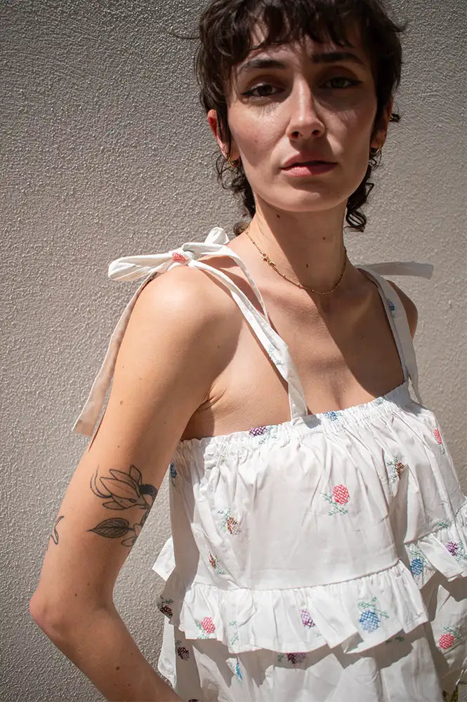 Daphne Elodie Ruffled Cross-Stitch Top