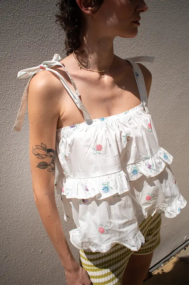 Daphne Elodie Ruffled Cross-Stitch Top