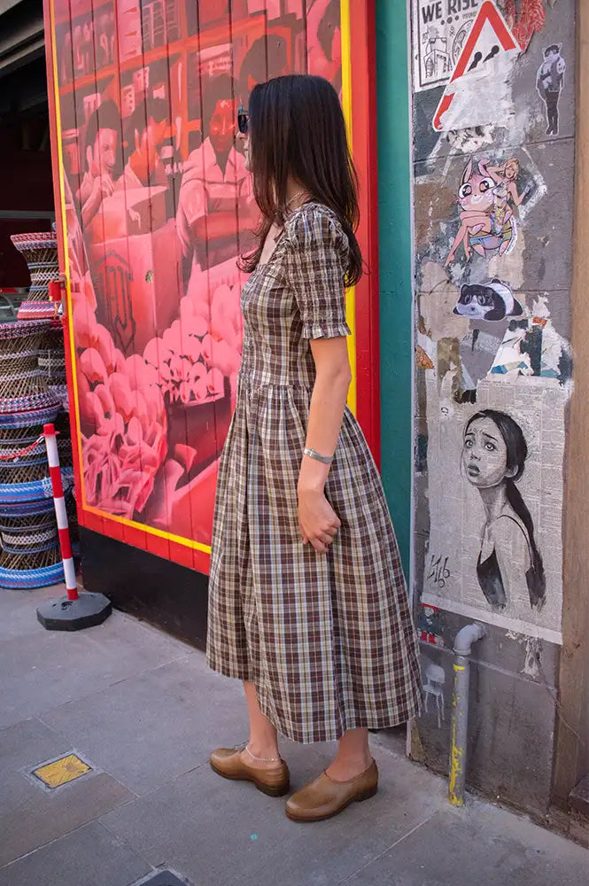 Damson Madder Emmy Cocoa Check Shirred Midi Dress
