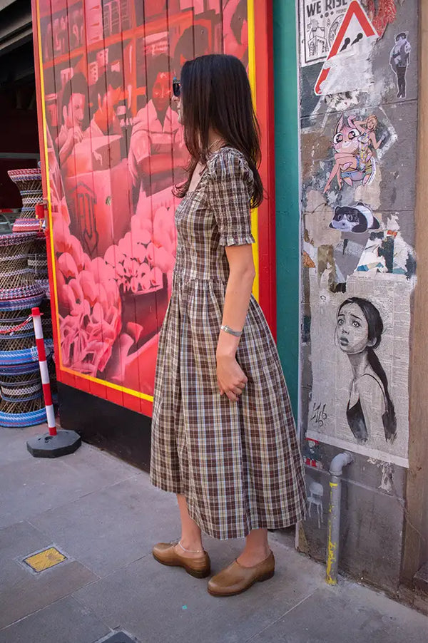 Damson Madder Emmy Cocoa Check Shirred Midi Dress