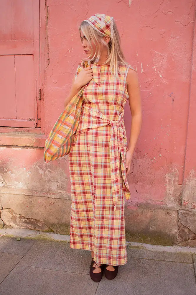 Damson Madder Estelle Celery Check Midi Dress - The Mercantile London