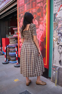 Damson Madder Emmy Cocoa Check Shirred Midi Dress