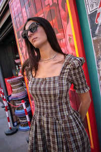 Damson Madder Emmy Cocoa Check Shirred Midi Dress