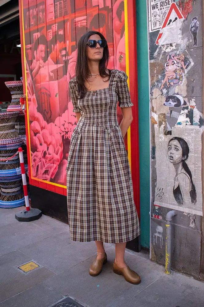 Damson Madder Emmy Cocoa Check Shirred Midi Dress