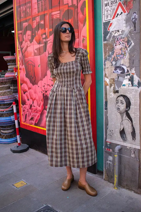 Damson Madder Emmy Cocoa Check Shirred Midi Dress