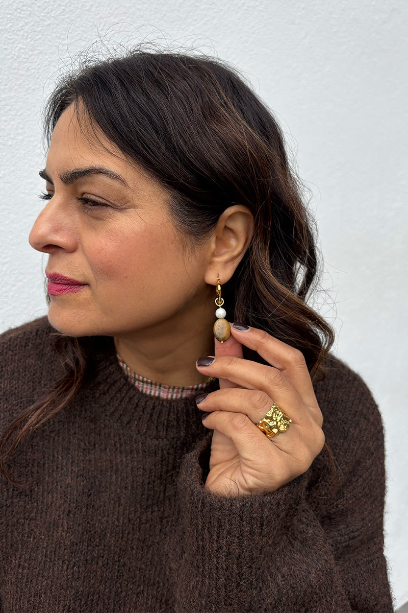 White Hoop Earring with Stone Drop - The Mercantile London