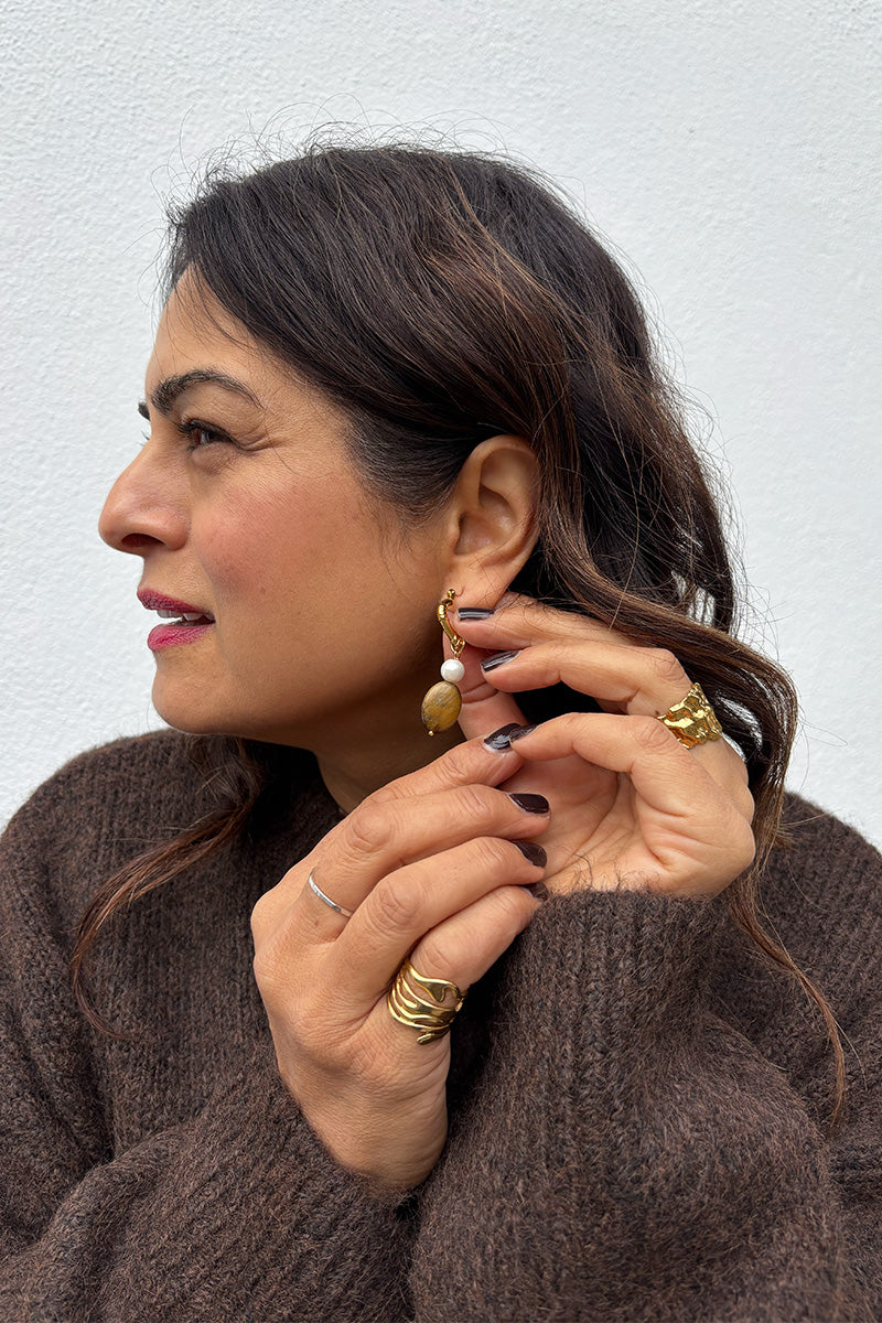 White Hoop Earring with Stone Drop - The Mercantile London