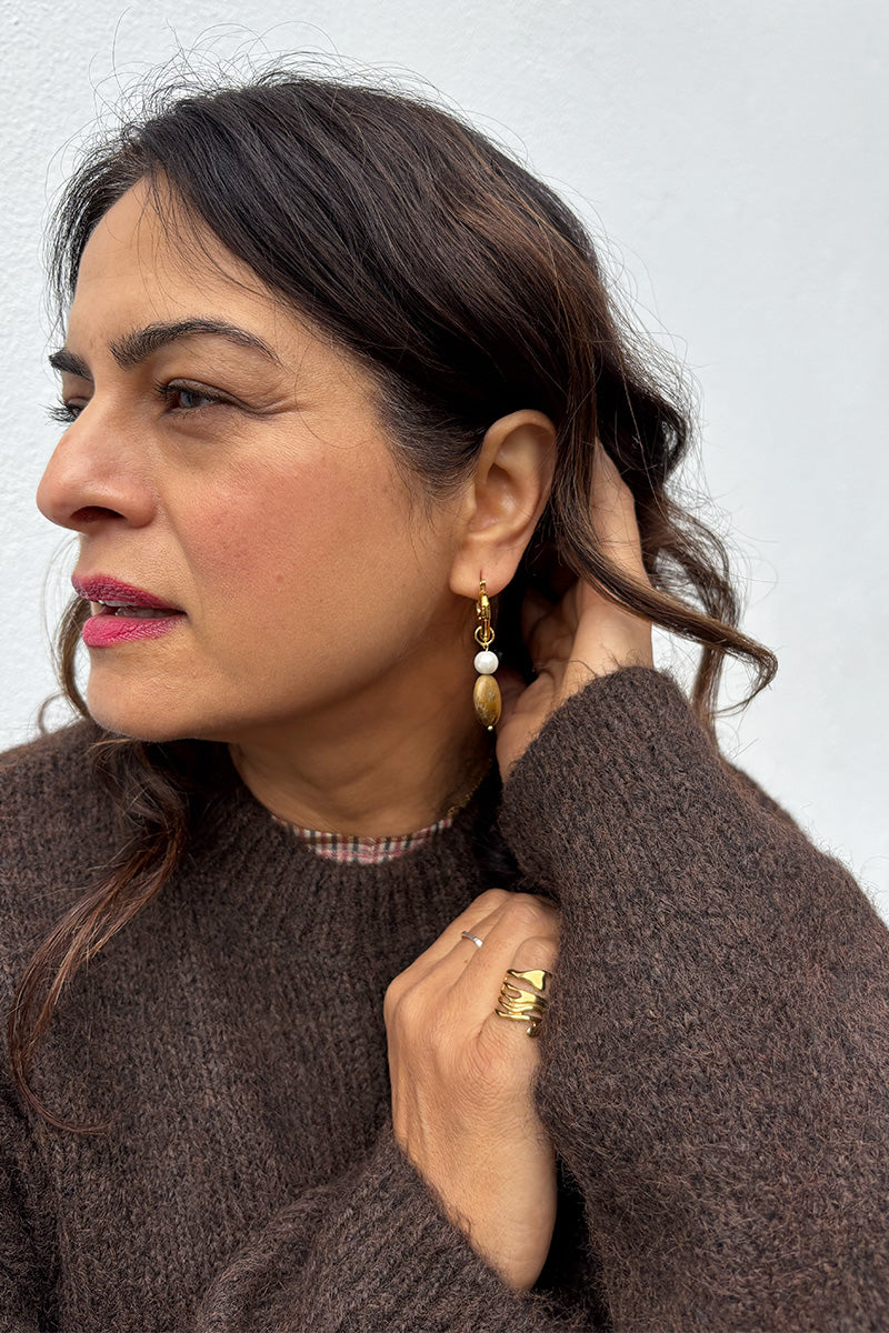 White Hoop Earring with Stone Drop - The Mercantile London