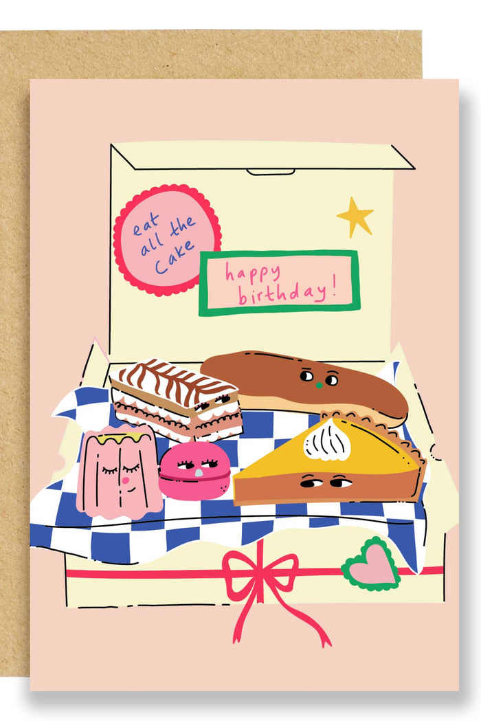 Birthday card with illustrations of pastries and a cake box on a beige background