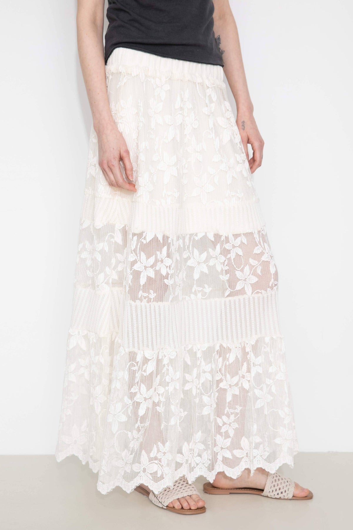 Textured Floral Print Lace Panel Skirt: FloralWhite / UN - The Mercantile London