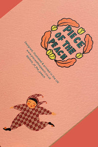 A close-up of a peach-colored printed card or cover featuring the title 'Piece of the Peach' in a peach-orange peach illustration, with small yellow tulip accents and black text. A stylized child in a burgundy-and-white checkered outfit appears near the bottom left.
