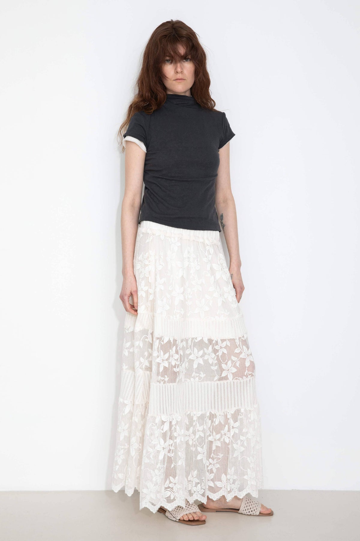 Textured Floral Print Lace Panel Skirt: FloralWhite / UN - The Mercantile London