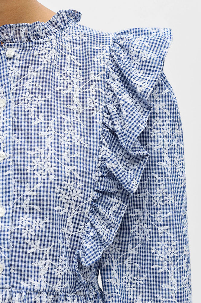 Object Ciara Check Denim and White Frill Blouse