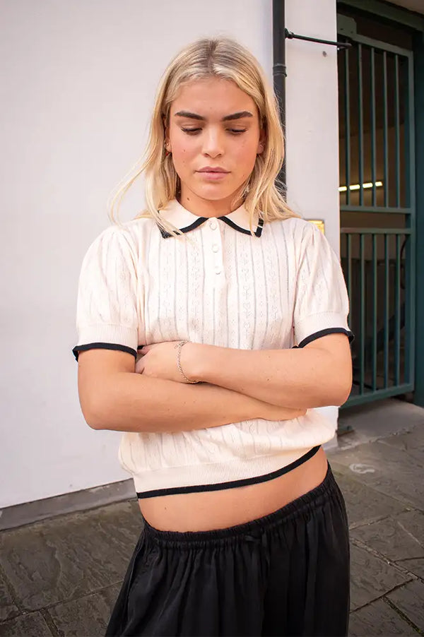 Emile Et Ida Dino Cream Knitted Polo Top - The Mercantile London