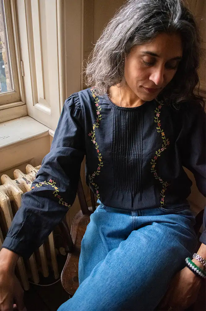 Emile Et Ida Estelle Charcoal Embroidered Blouse