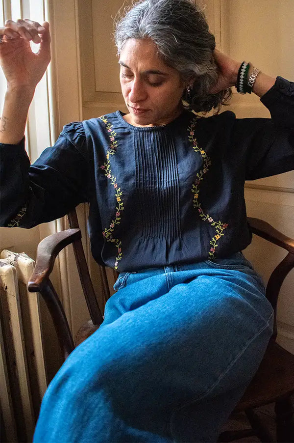 Emile Et Ida Estelle Charcoal Embroidered Blouse