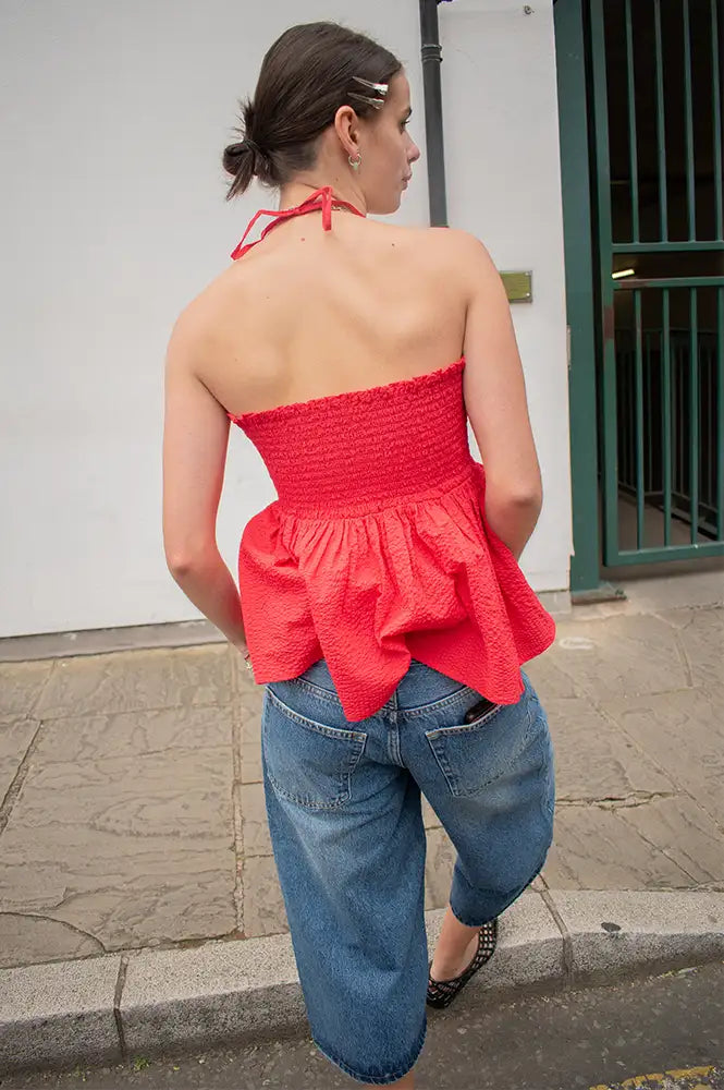 Emin + Paul Red Shirred Halter Neck Top - The Mercantile London