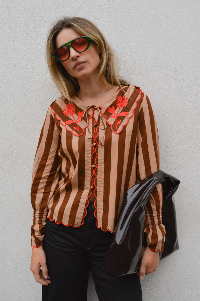 Echo of Pink Brown Striped Scallop Blouse