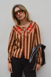 Echo of Pink Brown Striped Scallop Blouse