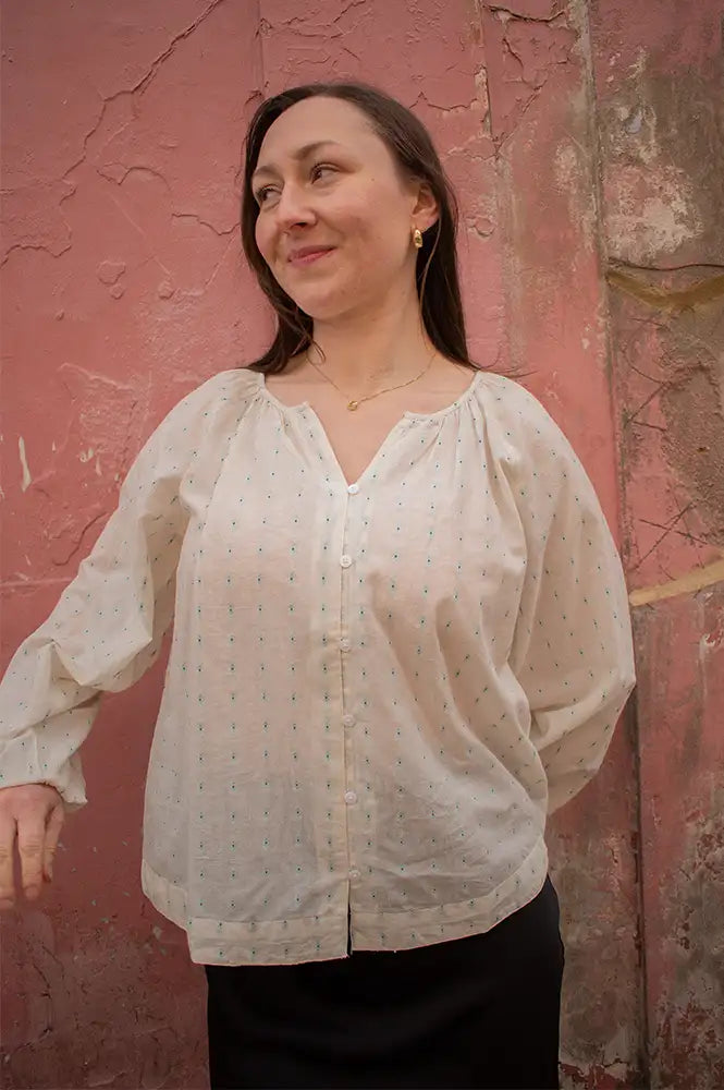 ICHI Dotse Light Green Dobby Blouse - The Mercantile London