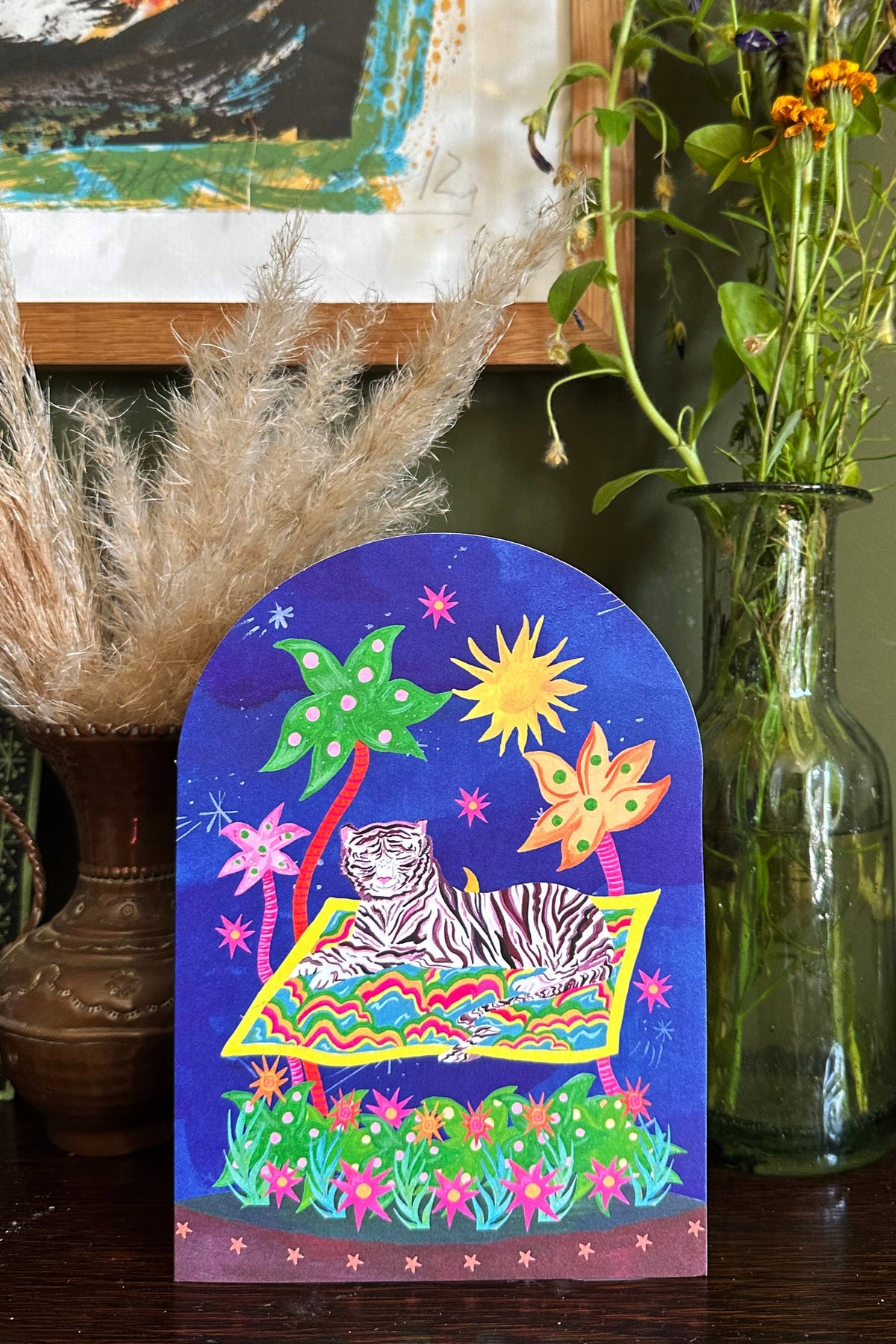 'Tiger on Magic Carpet Bell Jar' Greetings Card: Biodegradable Cello Wrap - The Mercantile London