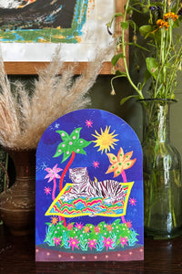 'Tiger on Magic Carpet Bell Jar' Greetings Card: Biodegradable Cello Wrap - The Mercantile London
