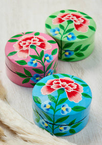 Namaste Kashmiri Chrysanthemum Handpainted Blue Trinket Box Small